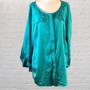 𝅺ANNE Klein blouse Turquoise color Crinkly fabric Long sleeves Flap pockets XL